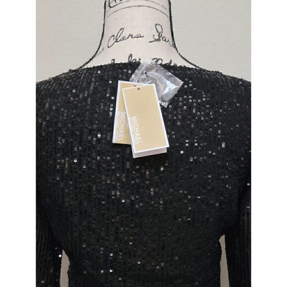 🖤✨ MICHAEL KORS Black Sequin Stripe Long Sleeve V-Neck Dress SIZE M $195 NWT - Picture 11 of 17